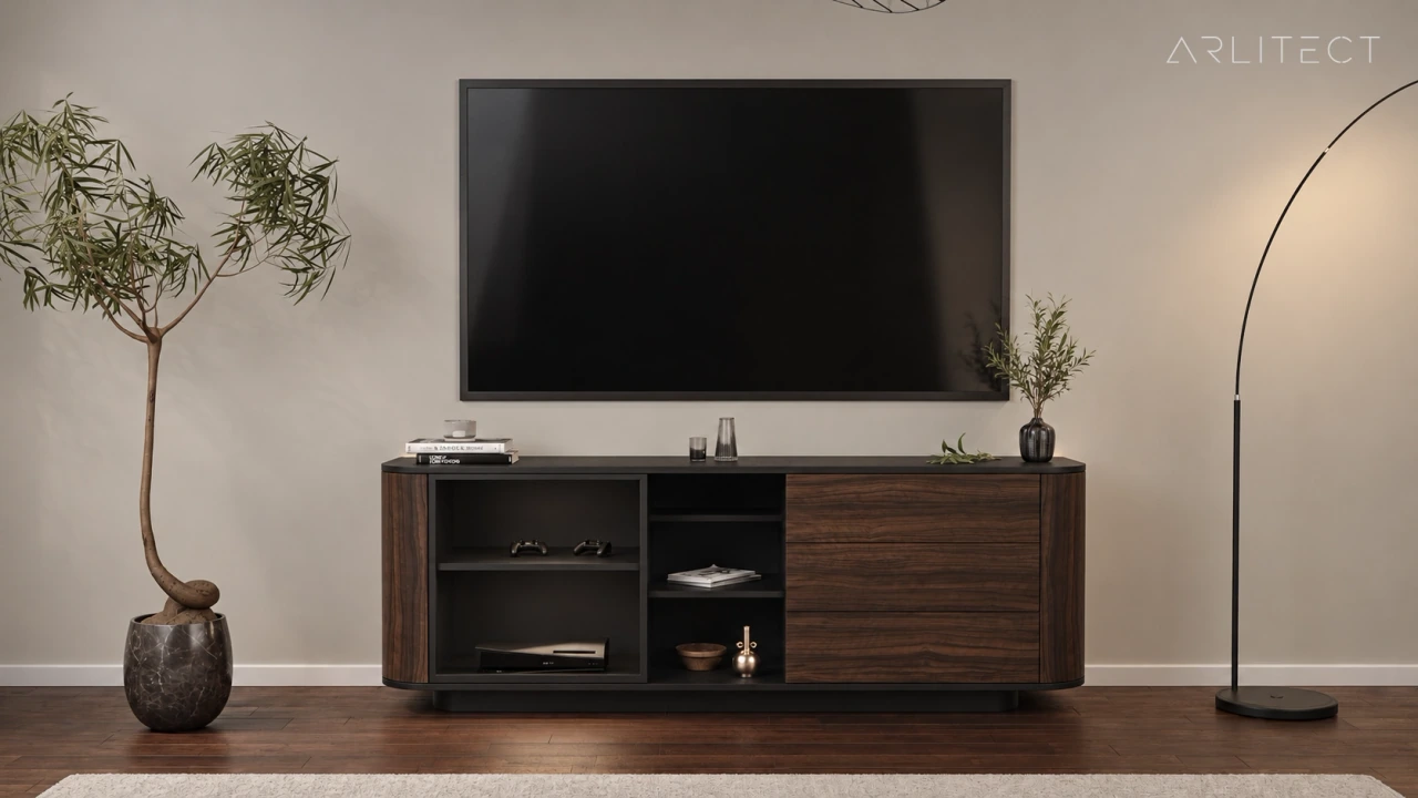 TANGENT TV ünitesinin ceviz ve siyah yüzeyleriyle yaşam alanında ön görünüşü