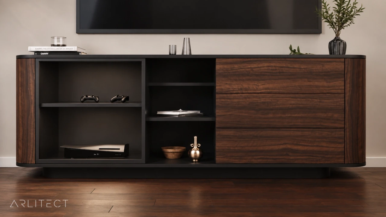 TANGENT TV ünitesinin cam kapak, açık raf ve üç çekmecesini gösteren ön görünüşü