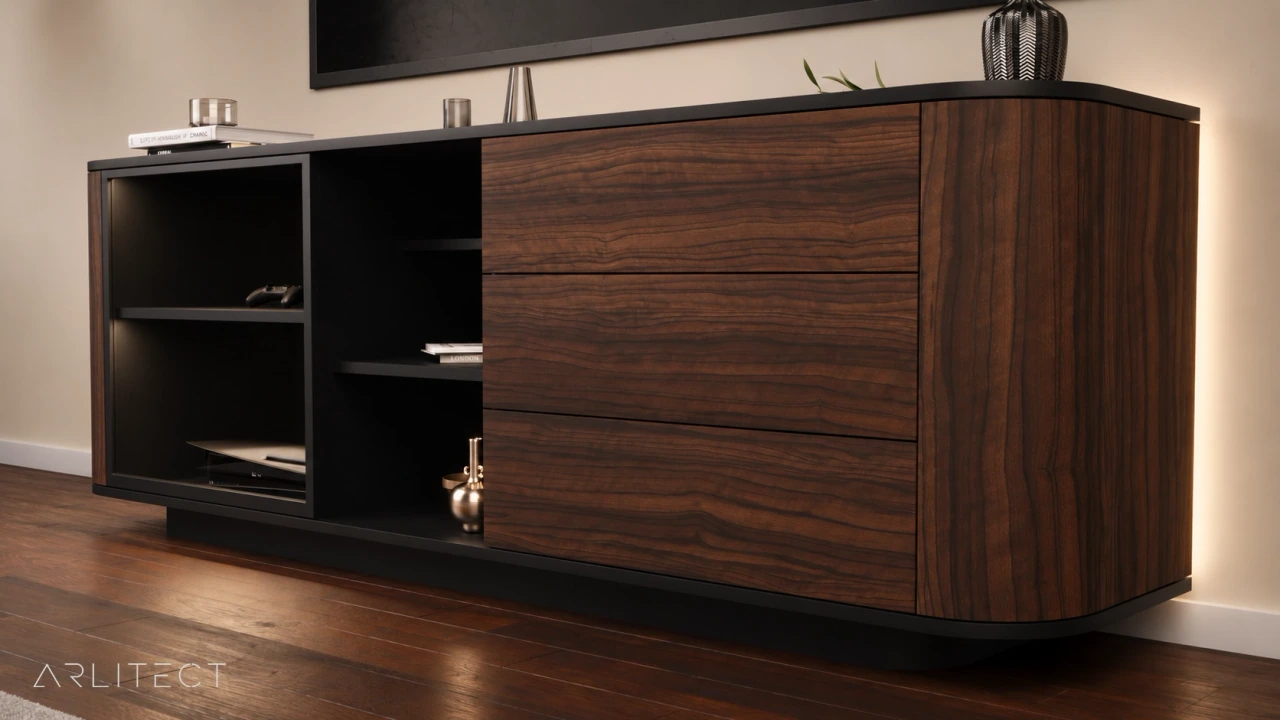 TANGENT TV ünitesinin ceviz ve siyah yüzeylerini, kavisli köşesini ve duvara yönlenen aydınlatmasını gösteren 3D render