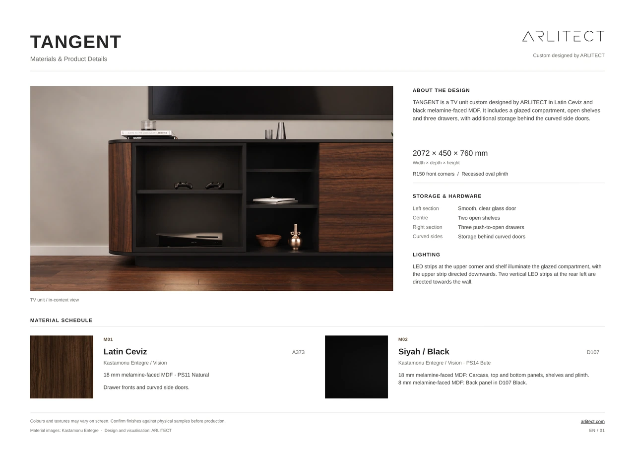 TANGENT TV unit presentation board with material specifications, product features and detail views