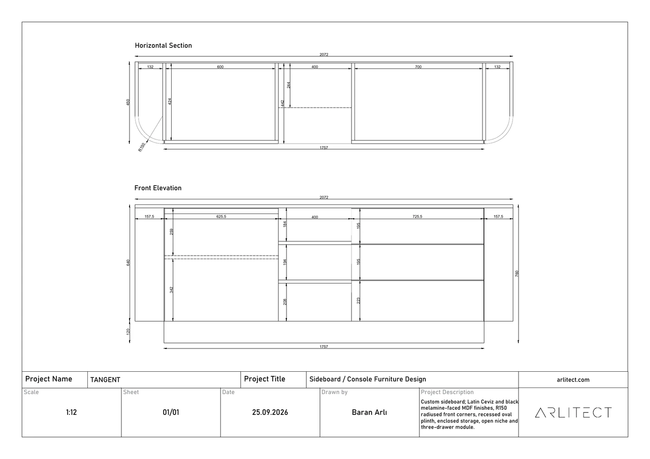 Horizontal section and front elevation of the TANGENT TV unit, dimensioned at 2072 × 450 × 760 mm