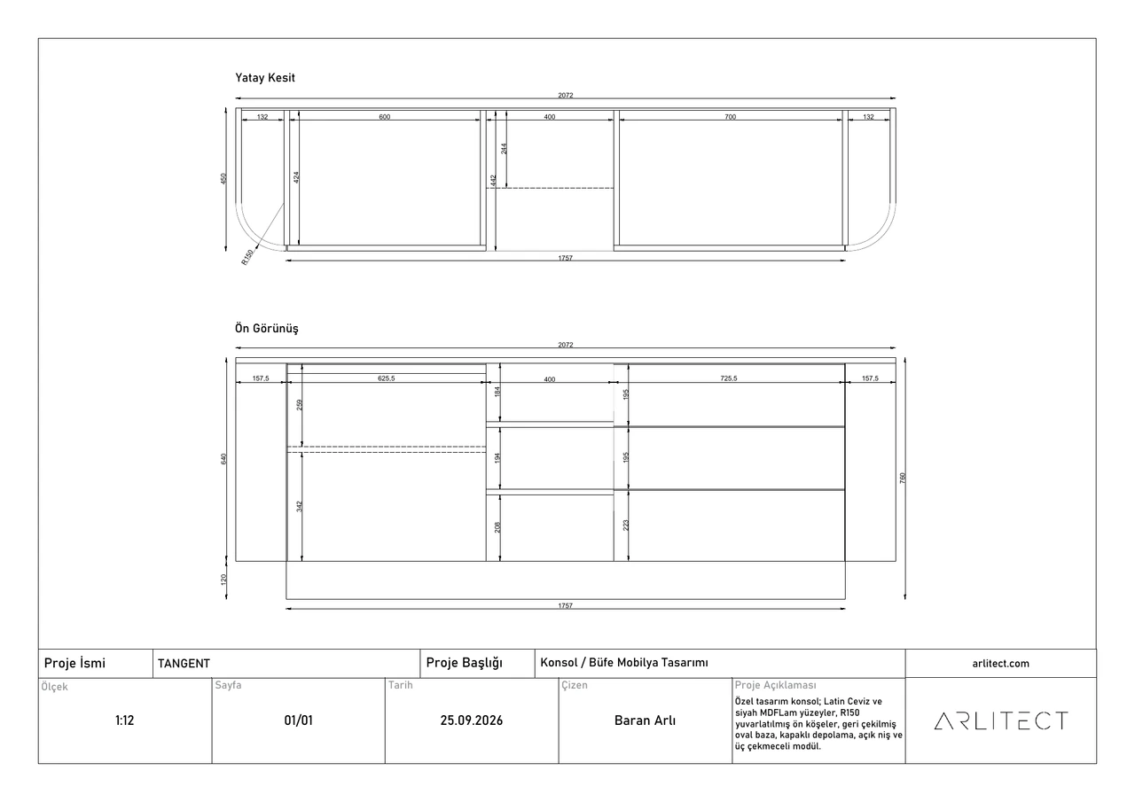 TANGENT TV ünitesinin 2072 × 450 × 760 mm ölçülerini gösteren yatay kesit ve ön görünüş çizimleri