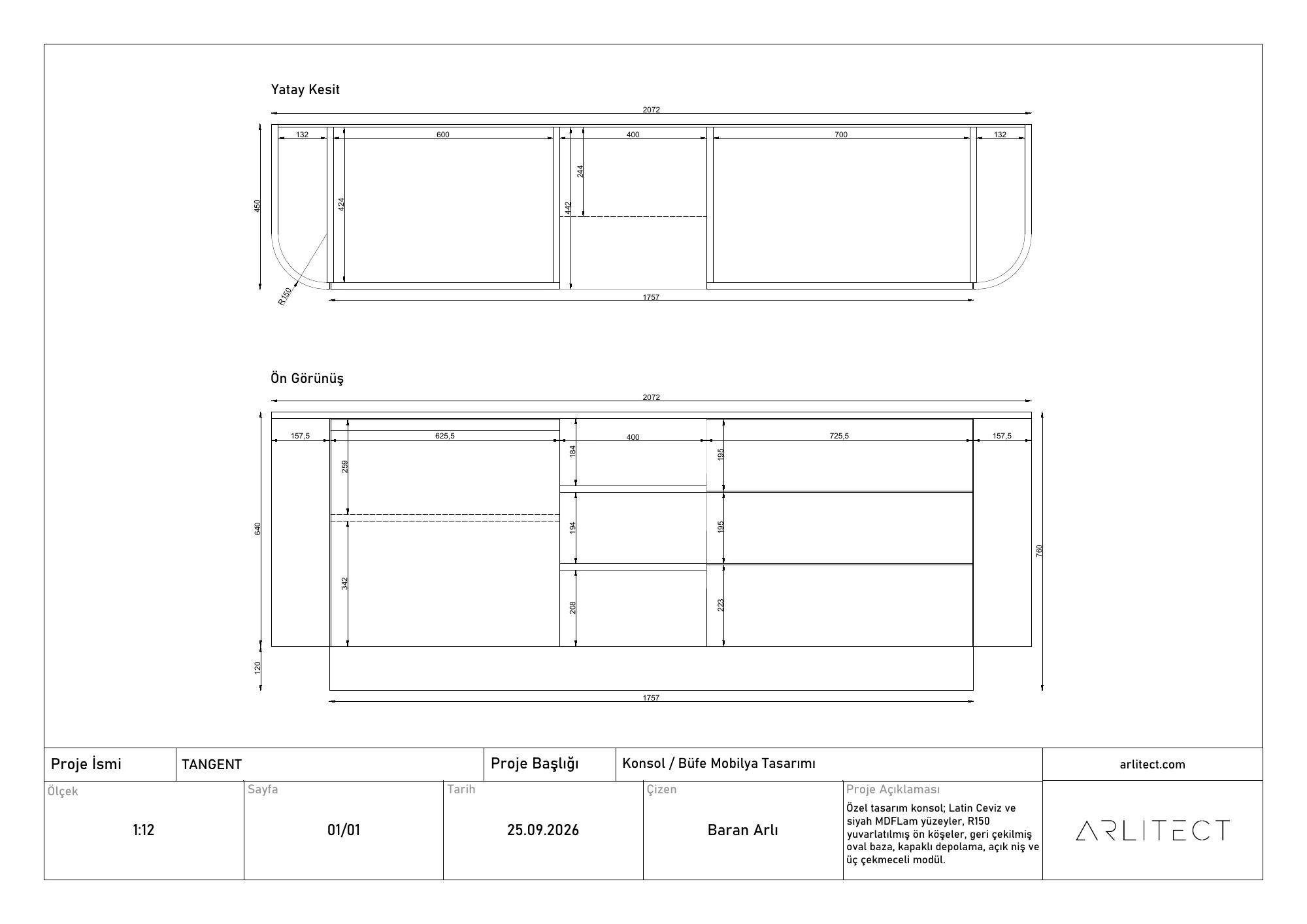 TANGENT TV ünitesinin 2072 × 450 × 760 mm ölçülerini gösteren yatay kesit ve ön görünüş çizimleri