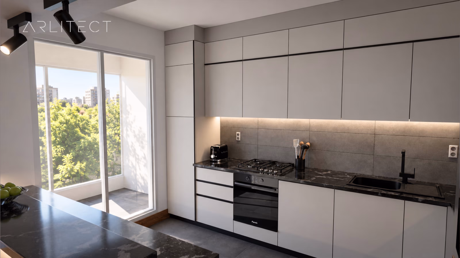 Ocak, evye, uzun tezgâh ve balkon yönünü gösteren mutfak renderı
